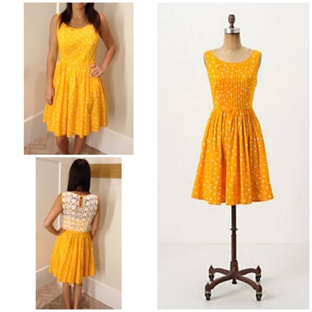 EUC Anthropologie Moulinette Soeurs Melora Marigold Lace Back Polka Dots Dress 4